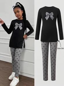 Tween Girl Tween Girl Black Knit Long Sleeve T-Shirt + Grey Bow Print Long Pants Set, Autumn Winter, Black Top - Black - View 1