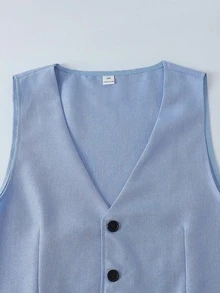 SHEIN 2件組青少年男孩紳士套裝，白色修身背心搭配紋理短褲，秋季優雅可愛科技風正式西裝，適合生日、賓客、花童 - 藍色 - 查看 7
