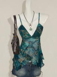 SHEIN ICON Women's Vacation Cashew Floral Print Ruffled Strap Cami Top 4th Of July Cute Sexy Summer Tops Going Out Night Out Vacation Tops Teal - Multicolor - View 6