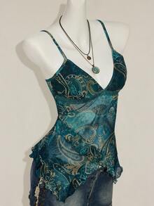 SHEIN ICON Women's Vacation Cashew Floral Print Ruffled Strap Cami Top 4th Of July Cute Sexy Summer Tops Going Out Night Out Vacation Tops Teal - Multicolor - View 7