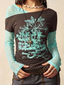 Bohemela Women's Slogan Print Contrast Lace Long Sleeve Fashion T-Shirt - Coffee Brown - View 2