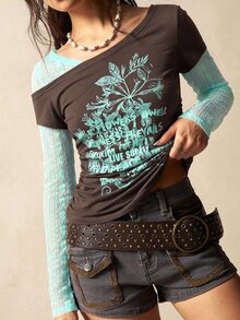 Bohemela Women's Slogan Print Contrast Lace Long Sleeve Fashion T-Shirt - Coffee Brown - View 5