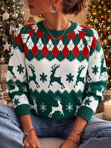 SHEIN LUNE LUNE Christmas Casual 90s Retro Vintage 70s Excl Baby Kids Women's Fall Green And White Sweater For Parent-Child Everyday Family Matching - Multicolor - View 2