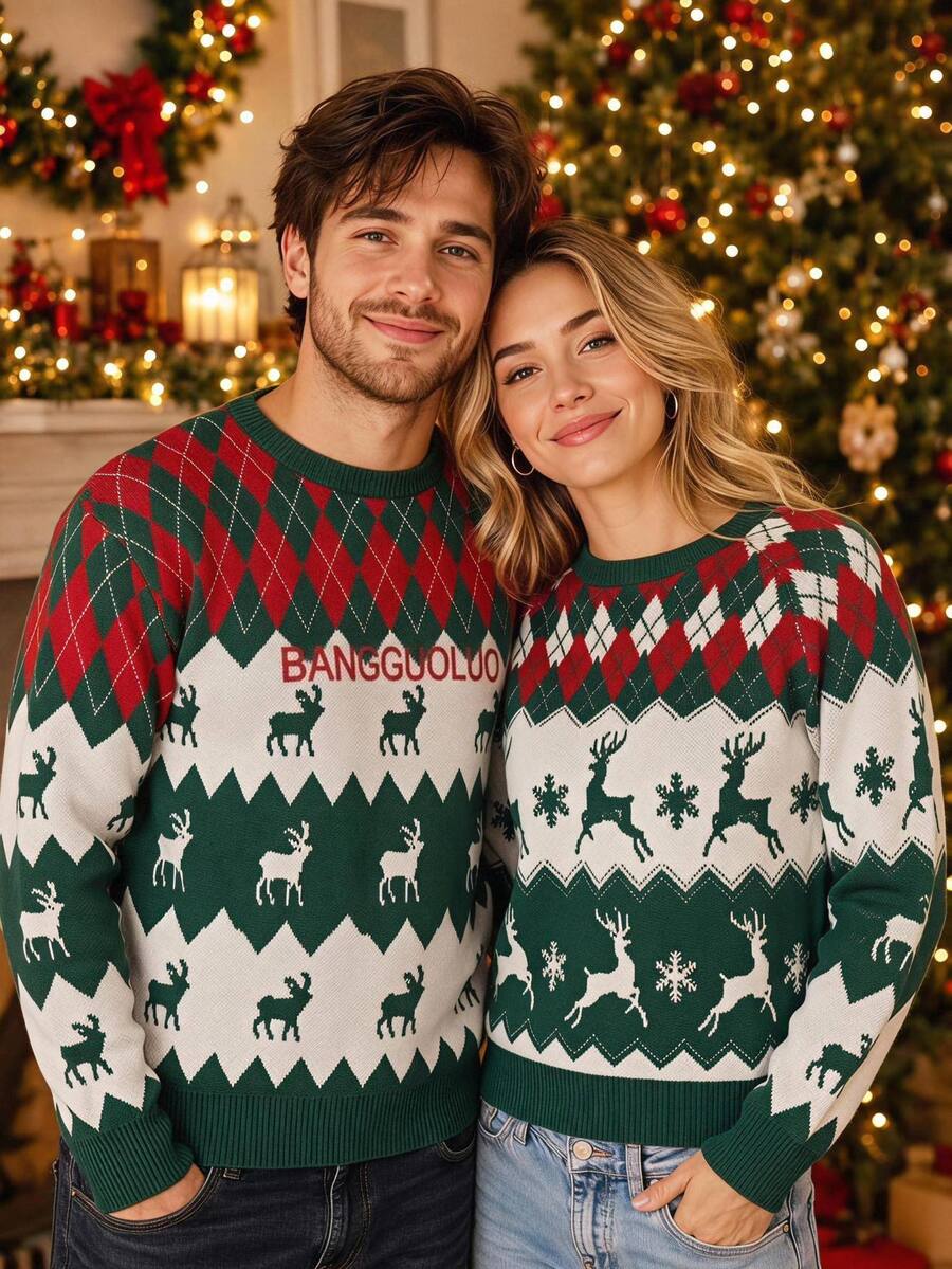 SHEIN LUNE LUNE Christmas Casual 90s Retro Vintage 70s Excl Baby Kids Women's Fall Green And White Sweater For Parent-Child Everyday Family Matching - Multicolor - View 1