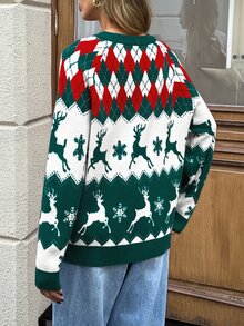 SHEIN LUNE LUNE Christmas Casual 90s Retro Vintage 70s Excl Baby Kids Women's Fall Green And White Sweater For Parent-Child Everyday Family Matching - Multicolor - View 6