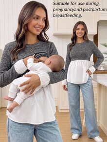 SHEIN ملابس علوية رضاعة كاجوال بأكمام طويلة وألوان متباينة للحوامل لفصل الخريف - رمادي - مشاهدة 1