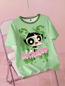 THE POWERPUFF GIRLS X SHEIN Women's Letter Cartoon Print Casual Daily Short Sleeve T-Shirt - White - View 1