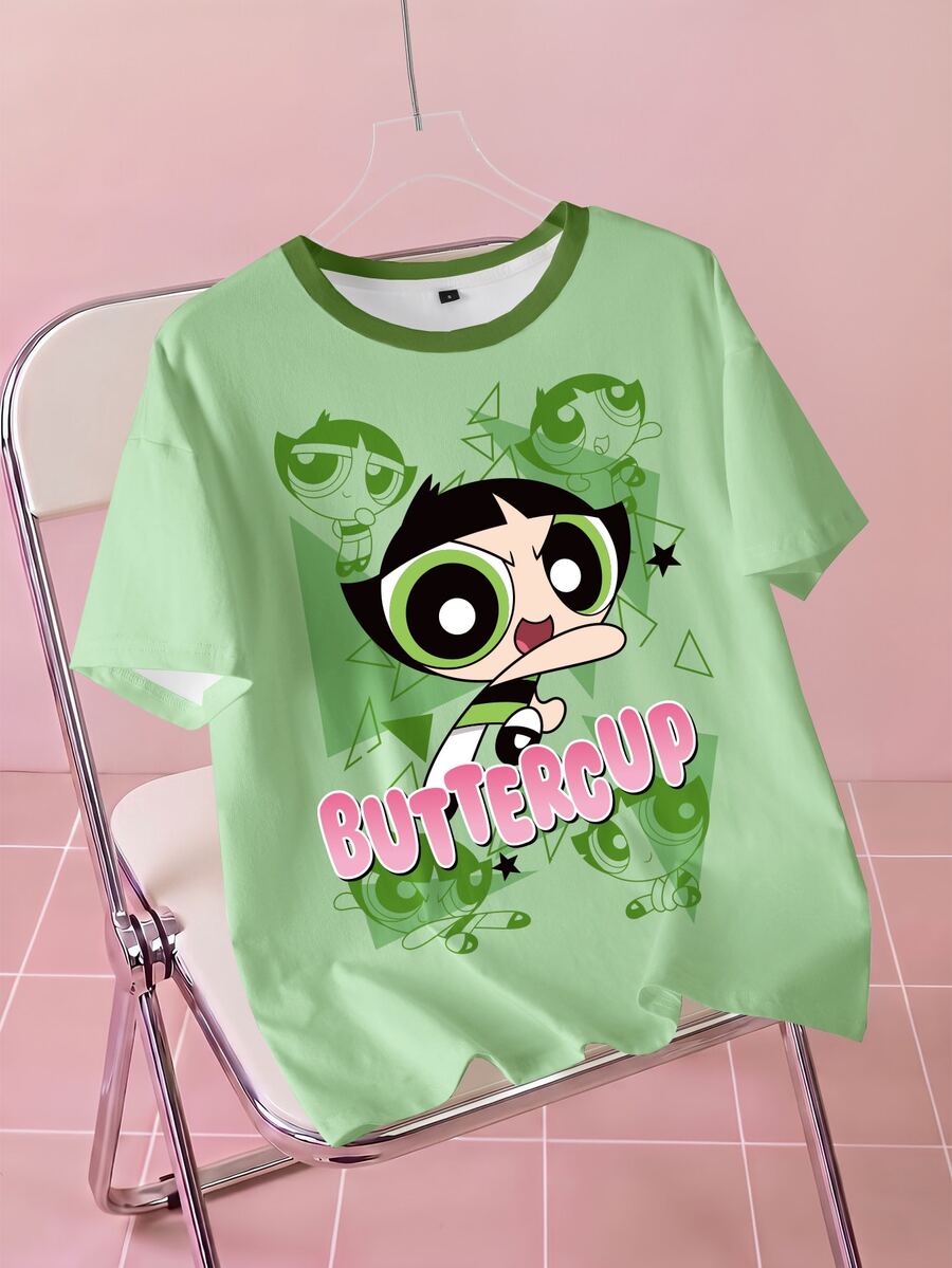 THE POWERPUFF GIRLS X SHEIN Women's Letter Cartoon Print Casual Daily Short Sleeve T-Shirt - White - View 1
