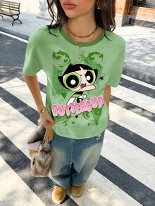 THE POWERPUFF GIRLS X SHEIN Women's Letter Cartoon Print Casual Daily Short Sleeve T-Shirt - White - View 7