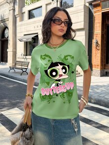 THE POWERPUFF GIRLS X SHEIN Women's Letter Cartoon Print Casual Daily Short Sleeve T-Shirt - White - View 4