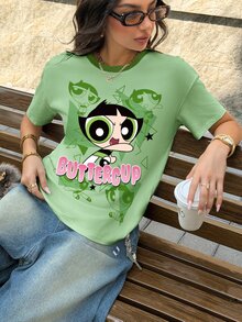 THE POWERPUFF GIRLS X SHEIN Women's Letter Cartoon Print Casual Daily Short Sleeve T-Shirt - White - View 6