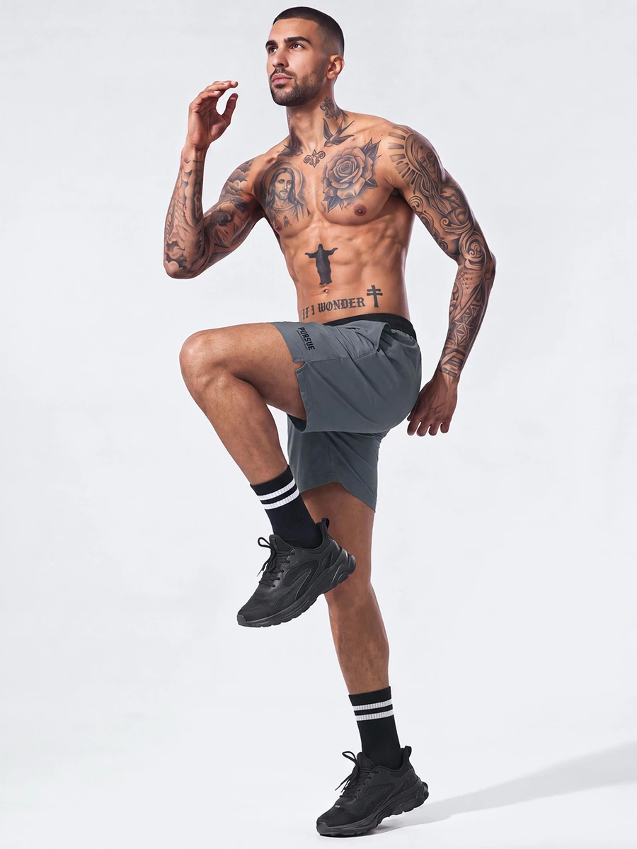 Nelvento Soul Men Letter Graphic Drawstring Waist Swim Trunks & Compression Liner Milk Silk Lining, Hawaiian, Holiday - Dark Grey - View 1