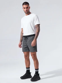 Nelvento Soul Men Letter Graphic Drawstring Waist Swim Trunks & Compression Liner Milk Silk Lining, Hawaiian, Holiday - Dark Grey - View 2