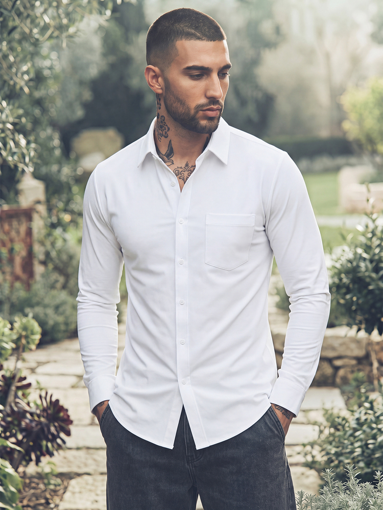 Nelvento Soul Men Fashionable Classic White Slim Fit Long Sleeve Button Up Plain Work Business Casual Formal Shirt For Husband & Daddy, For Fall, Ceremony - White - View 5