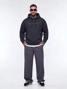 Nelvento Soul Men's Letter Print Long Sleeve Drawstring Hoodie Sweatshirt, Autumn - Dark Grey - View 3