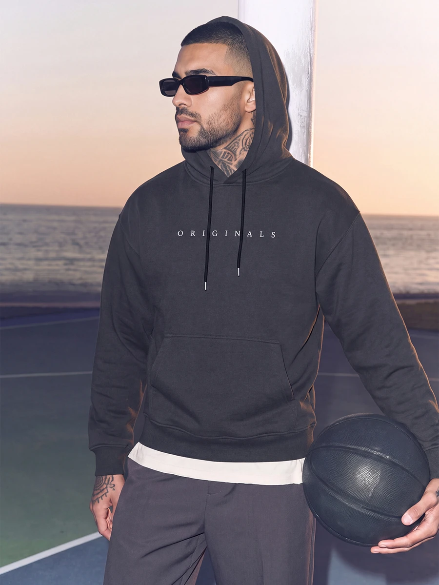 Nelvento Soul Men's Letter Print Long Sleeve Drawstring Hoodie Sweatshirt, Autumn - Dark Grey - View 1