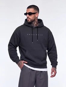 Nelvento Soul Men's Letter Print Long Sleeve Drawstring Hoodie Sweatshirt, Autumn - Dark Grey - View 5