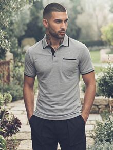 Nelvento Soul Men's Casual Contrast Trim Short Sleeve Polo Shirt With Pocket, Formal - Light Grey - View 5