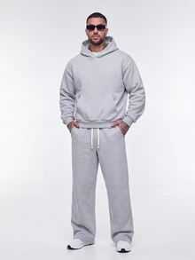 Manfinity Roghcode Men's Elastic Solid Color Street Style Gray Thermal Lined Sports Suit, Men's Sportswear, Men's 2 Pieces Sportswear Set, Fall Clothes Winter - Light Grey - View 3