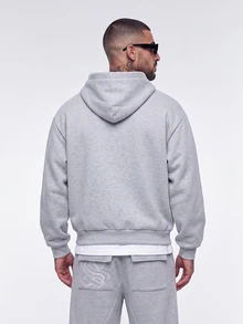 Manfinity Roghcode Men's Elastic Solid Color Street Style Gray Thermal Lined Sports Suit, Men's Sportswear, Men's 2 Pieces Sportswear Set, Fall Clothes Winter - Light Grey - View 4