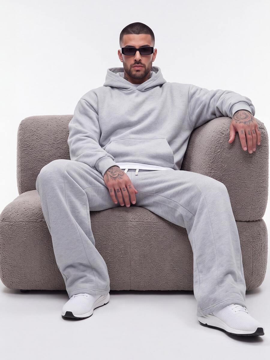 Manfinity Roghcode Men's Elastic Solid Color Street Style Gray Thermal Lined Sports Suit, Men's Sportswear, Men's 2 Pieces Sportswear Set, Fall Clothes Winter - Light Grey - View 1