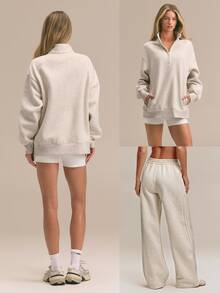 GLOWMODE Everyday Fleece Loose Hip Length Half-Zip Long Sleeve Sweatshirt With Side Pockets Daily Casual Fall Winter - Vanilla Oat - View 8