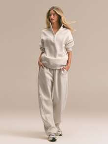 GLOWMODE Everyday Fleece Loose Hip Length Half-Zip Long Sleeve Sweatshirt With Side Pockets Daily Casual Fall Winter - Vanilla Oat - View 6