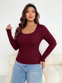Shapeblank Plus Size Women's Autumn/Winter Fashion Casual Elastic Comfort Basic Versatile Slimming Round Neck Black Long Sleeve Fit T-Shirt,Basic Tops, Outfit - Burgundy - View 6