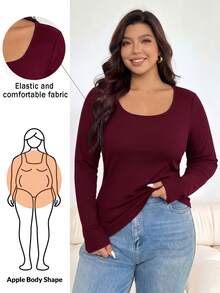 Shapeblank Plus Size Women's Autumn/Winter Fashion Casual Elastic Comfort Basic Versatile Slimming Round Neck Black Long Sleeve Fit T-Shirt,Basic Tops, Outfit - Burgundy - View 1