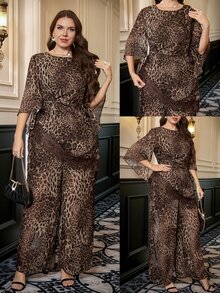 SHEIN Clasi Plus Size Sexy Lace Patchwork Top And Leopard Print Long Pants 2 Pieces Set Fall - Brown - View 1