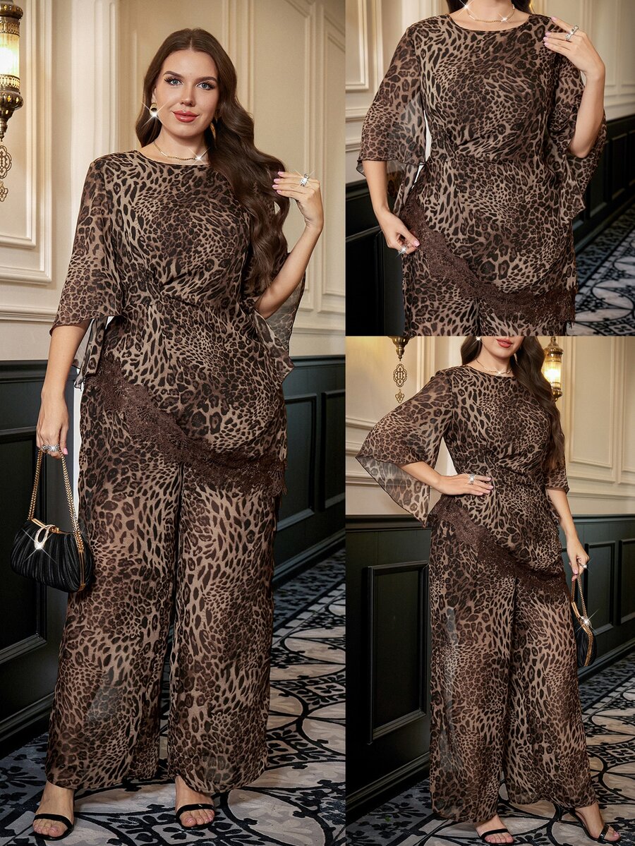 SHEIN Clasi Plus Size Sexy Lace Patchwork Top And Leopard Print Long Pants 2 Pieces Set Fall - Brown - View 1
