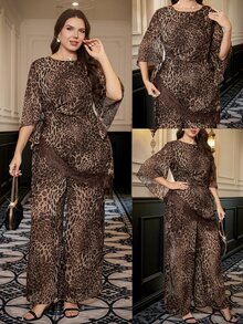SHEIN Clasi Plus Size Sexy Lace Patchwork Top And Leopard Print Long Pants 2 Pieces Set Fall - Brown - View 10