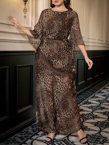 SHEIN Clasi Plus Size Sexy Lace Patchwork Top And Leopard Print Long Pants 2 Pieces Set Fall - Brown - View 3