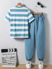 SHEIN Vacaura 2pcs/Set Tween Boys Casual Minimalist Black & White Striped Tee Shirt And Pants Outfit, Suitable For Spring, Summer, Autumn Daily Wear Outings - Blue - View 3