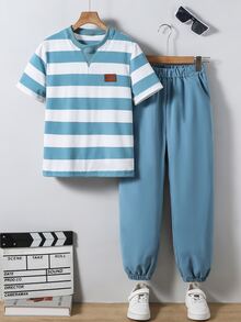 SHEIN Vacaura 2pcs/Set Tween Boys Casual Minimalist Black & White Striped Tee Shirt And Pants Outfit, Suitable For Spring, Summer, Autumn Daily Wear Outings - Blue - View 4