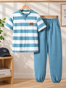 SHEIN Vacaura 2pcs/Set Tween Boys Casual Minimalist Black & White Striped Tee Shirt And Pants Outfit, Suitable For Spring, Summer, Autumn Daily Wear Outings - Blue - View 2