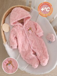 Newborn Home Fleece Jumpsuit Autumn/Winter Cable Knit Coral Fleece Hooded Footed Jumpsuit Bear Embroidery Sleep Bag - Pink - View 4