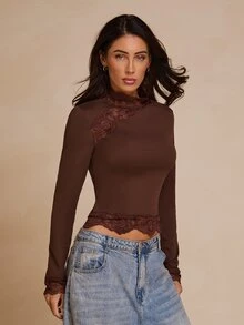SHEIN Glamour Women's Lace Patchwork Fitted Versatile Daily Casual Long Sleeve Top ,All-Match Tops For Women,Long-Sleeve Lace-Hem - Coffee Brown - View 6