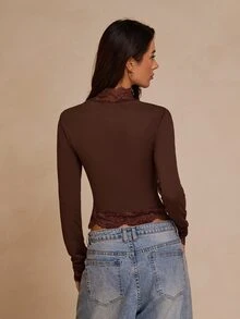 SHEIN Glamour Women's Lace Patchwork Fitted Versatile Daily Casual Long Sleeve Top ,All-Match Tops For Women,Long-Sleeve Lace-Hem - Coffee Brown - View 2