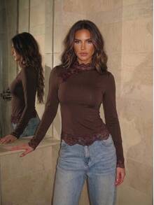 SHEIN Glamour Women's Lace Patchwork Fitted Versatile Daily Casual Long Sleeve Top ,All-Match Tops For Women,Long-Sleeve Lace-Hem - Coffee Brown - View 8