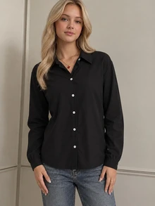 SHEIN Teen Girls Fall Tops Casual Streetwear Woven Fabric Long Sleeve Shirt Loose Fit Spring Summer Autumn Sixth Form Formal Black Party - Black - View 2