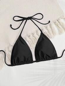 Swim Basics Summer Beach Halter Triangle Bikini Top - Black - View 3