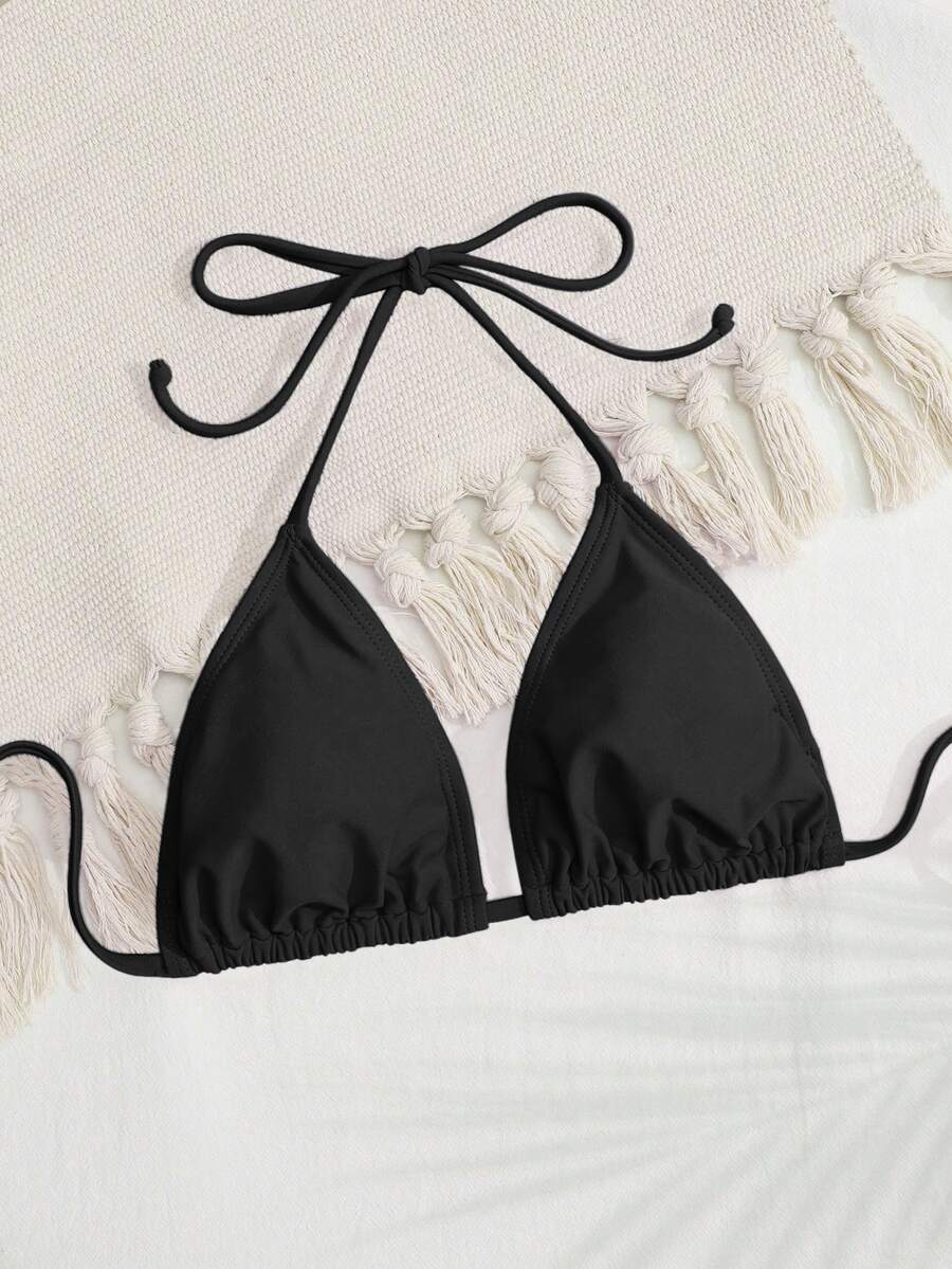 Swim Basics Summer Beach Halter Triangle Bikini Top - Black - View 1