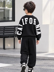 Explorewe Young Boys Printed Pattern Round-Neck Sweatshirt Set For Spring And Autumn School Opening Season, Suitable For Street And Outdoor Wear - Black - View 1