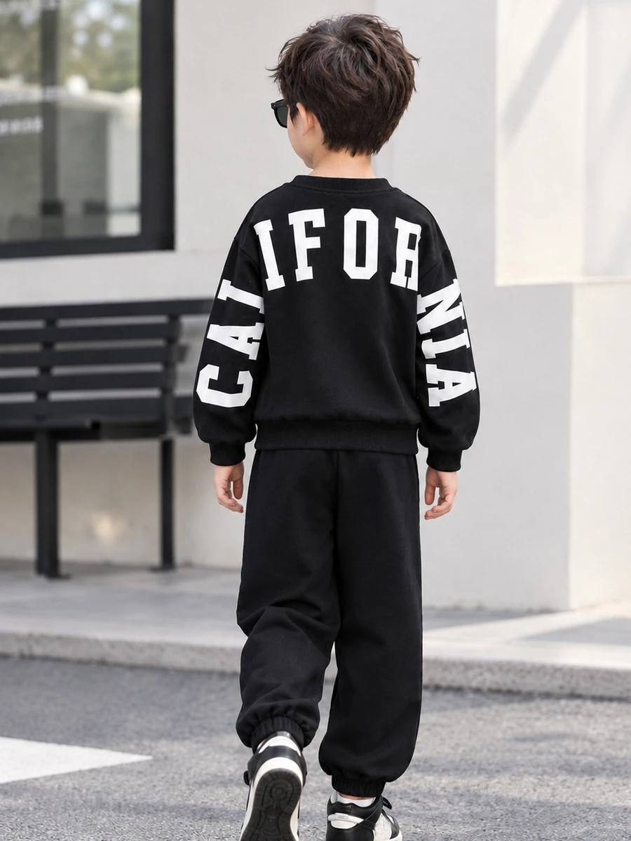 Explorewe Young Boys Printed Pattern Round-Neck Sweatshirt Set For Spring And Autumn School Opening Season, Suitable For Street And Outdoor Wear - Black - View 1