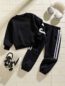 Explorewe Young Boys Printed Pattern Round-Neck Sweatshirt Set For Spring And Autumn School Opening Season, Suitable For Street And Outdoor Wear - Black - View 3