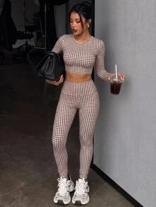 StreetHx Women's Round Neck Plaid Long Sleeve Top And High Waist Leggings Casual Daily Sports Set - Brown - View 1