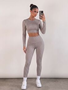 StreetHx Women's Round Neck Plaid Long Sleeve Top And High Waist Leggings Casual Daily Sports Set - Brown - View 3