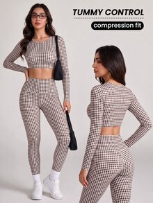 StreetHx Women's Round Neck Plaid Long Sleeve Top And High Waist Leggings Casual Daily Sports Set - Brown - View 4