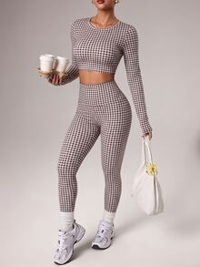 StreetHx Women's Round Neck Plaid Long Sleeve Top And High Waist Leggings Casual Daily Sports Set - Brown - View 5